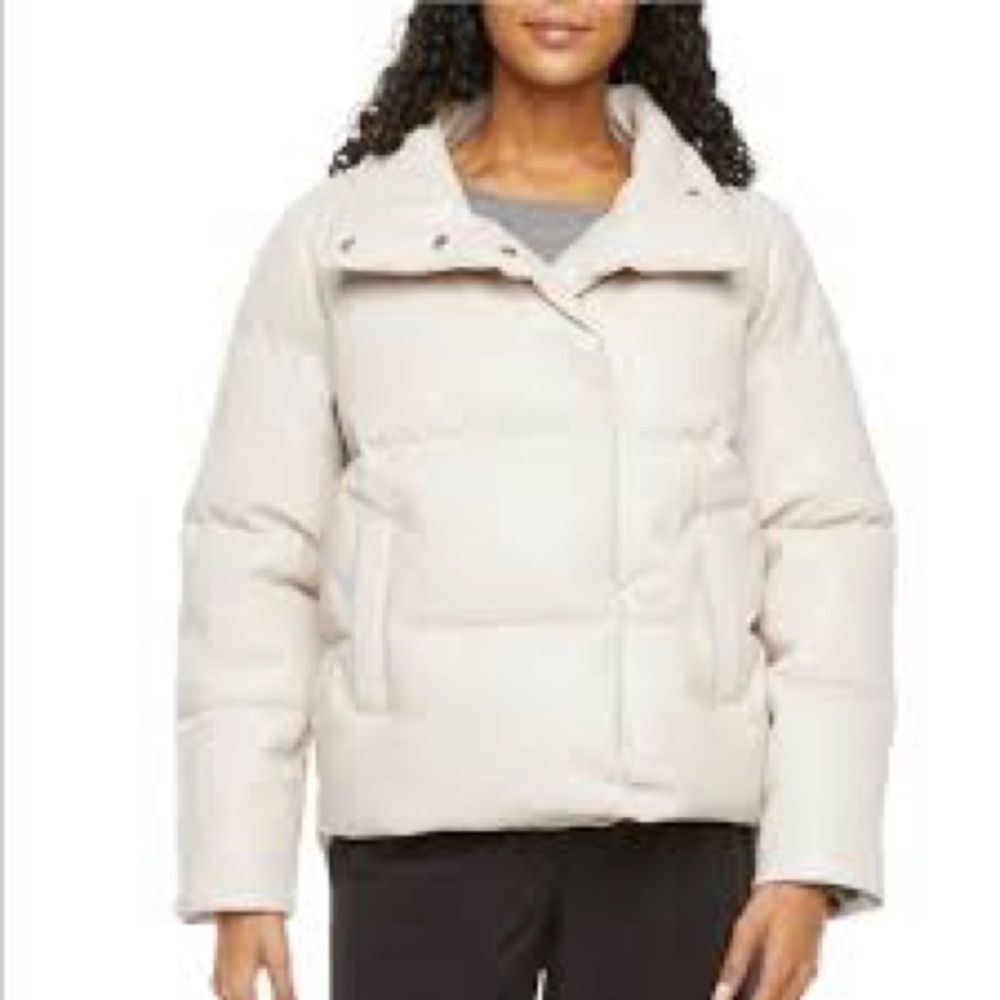 vegan faux leather cream off white puffy jacket